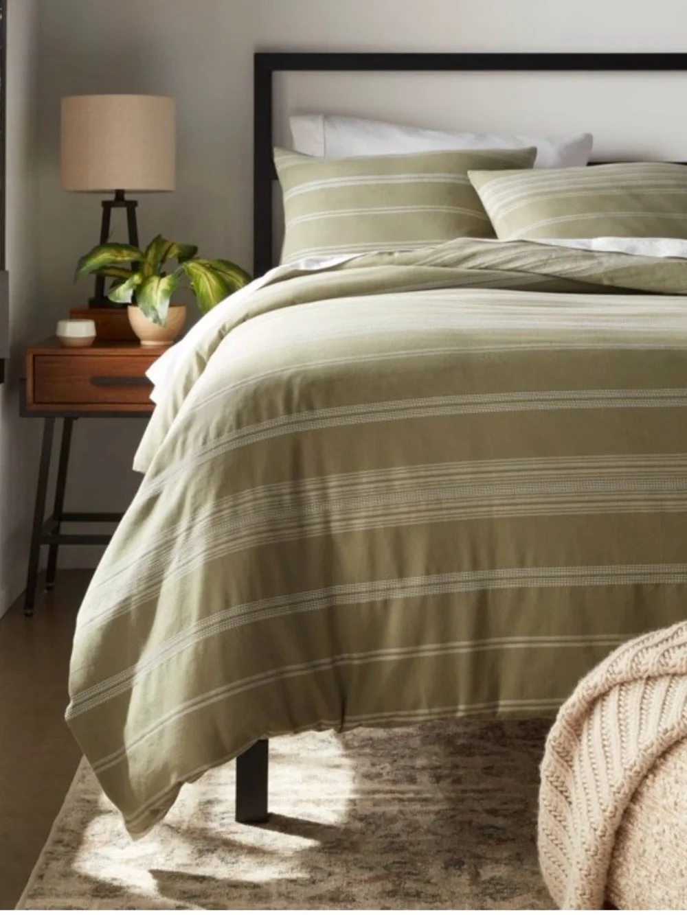 Threshold Cotton Woven Stripe Duvet Cover Set Moss Green White Size King